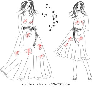 Fast fashion sketch with girls in dresses vector EPS10