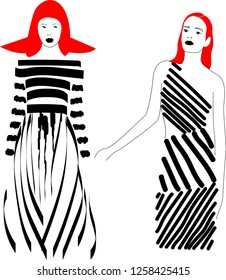 Fast fashion sketch with girls in stripes dresses vector EPS10