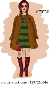 Fast fashion sketch with stylish girl vector EPS10