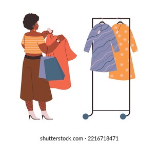 Fast Fashion And Spontaneous Customers Behavior, Flat Vector Illustration Isolated On White Background. Woman Chooses Fashion Clothes From New Collection.