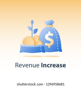 Fast finance asset growth, revenue increase, earn more money, open bag with gold coins and plant stem, invest fund, wealth management, future interest, value investment, vector icon