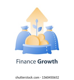 Fast finance asset growth, revenue increase, earn more money, open bag with gold coins and plant stem, invest fund, wealth management, future interest, value investment, vector icon