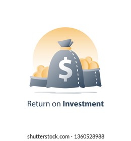 Fast finance asset growth, revenue increase, earn more money, open bag with gold coins and plant stem, invest fund, wealth management, future interest, value investment, vector icon