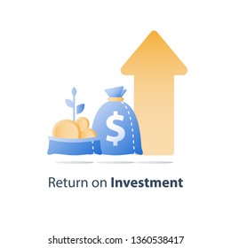 Fast finance asset growth, revenue increase, earn more money, open bag with gold coins and plant stem, invest fund, wealth management, future interest, value investment, vector icon