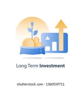 Fast finance asset growth, revenue increase, earn more money, open bag with gold coins and plant stem, invest fund, wealth management, future interest, value investment, vector icon
