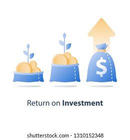 Fast finance growth, revenue increase, earn more money, open bag with gold coins and plant stem, invest fund, wealth management, interest rate, value investment, vector flat illustration