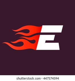 Fast fire letter E logo on dark. Speed and sport elements for sportswear, t-shirt, banner, card, labels or posters.
