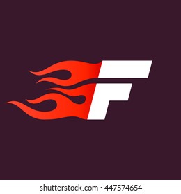 Fast fire letter F logo on dark. Speed and sport elements for sportswear, t-shirt, banner, card, labels or posters.
