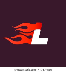 Fast fire letter L logo on dark. Speed and sport elements for sportswear, t-shirt, banner, card, labels or posters.