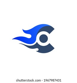 Fast fire logo with letter C icon template, blue color, 3d style
