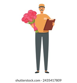 Fast floral present icon cartoon vector. Smiling courier at door. Home love