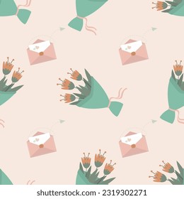 Fast flower delivery, bouquet and craft paper envelope to recipient. Online delivery service, landing page template. Doodle design for web or print with bouquet, parcel, pack. flat vector illustration