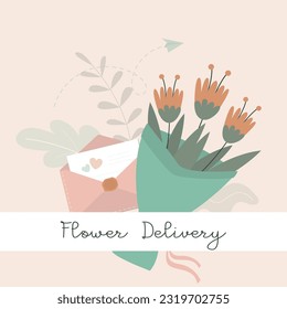 Fast flower delivery, bouquet and craft paper envelope to recipient. Online delivery service, landing page. Greeting card, poster template. Doodle design for web or print with bouquet, parcel, pack.