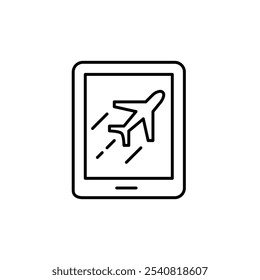 Avión de vuelo rápido en tableta electrónica. Descarga rápida, streaming y navegación fluida a través de servicios de Internet de alta velocidad. Icono de trazo perfecto y editable del píxel
