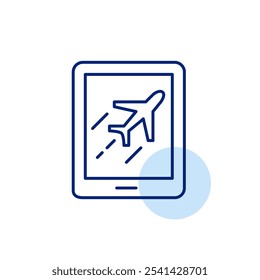 Fast flying airplane on electronic tablet. Rapid downloading, streaming, and seamless browsing through high-speed internet services. Pixel perfect vector icon