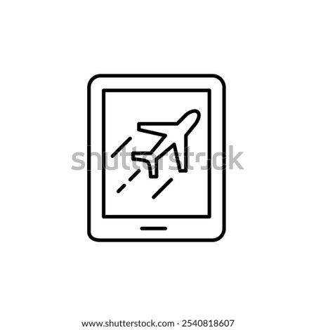 Fast flying airplane on electronic tablet. Rapid downloading, streaming, and seamless browsing through high-speed internet services. Pixel perfect, editable stroke icon