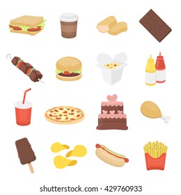 Fast food 16 vector icon set in cartoon style for web design.