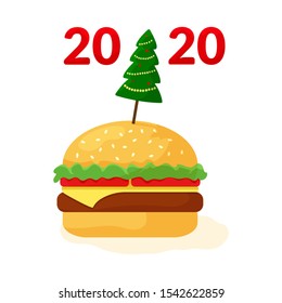 Fast food 2020. Cheeseburger with christmas tree. Holiday banner for New Year. Vector illustration
