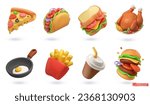 Fast food 3d cartoon vector icon set. Pizza slice, taco, sandwich, roasted turkey, fried egg, french fries, paper cup, hamburger