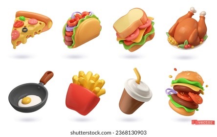 Fast food 3d cartoon vector icon set. Pizza slice, taco, sandwich, roasted turkey, fried egg, french fries, paper cup, hamburger