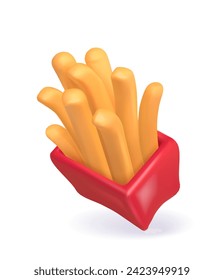 Fast food 3d icon. French fries in red package. Dessert and delicacy, takeaway eating. Candy and sweet. Booklet and leaflet. Cartoon isometric vector illustration isolated on white background