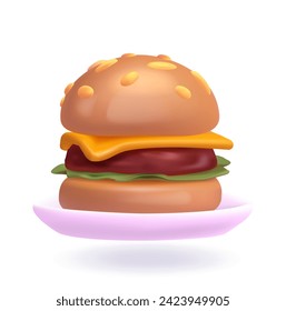 Fast Food 3D Symbol. Hamburger beim Gericht. Dessert und Delikatesse, mitnehmen Essen. Süßes und Süßes. Poster, Banner oder Cover. Cartoon isometrische Vektorgrafik einzeln auf weißem Hintergrund