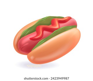 Fast food 3d icon. Hot dog with ketchup. Dessert and delicacy, takeaway eating. Candy and sweet. Graphic element for website. Cartoon isometric vector illustration isolated on white background