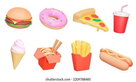 Fast Food 3d icon set  Fast  food restaurants menu  Burger  hot dog  wok noodles  pizza  doughnut  french fries  soda  ice cream  Isolated icons  objects transparent background