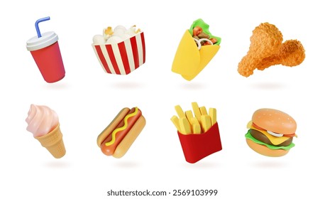 Fast food 3d icons. Drink soda, burger, chicken, pop corn and ice cream cone. Hot dog and arabian wrap. Fast meals render realistic set