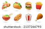 Fast food 3d realistic render vector icon set. Pizza, taco, hamburger, fries potatoes, ramen noodle soup, hot dog, popcorn, chicken leg