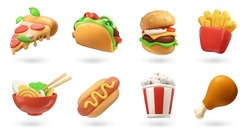 Fast Food 3d Ensemble D'icônes Vectorielles De Rendu Réaliste 3d. Pizza, Taco, Hamburger, Frites Pommes De Terre, Soupe De Nouilles Ramen, Hot Dog, Popcorn, Jambe De Poulet