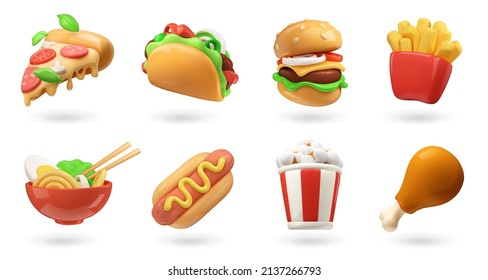 Juego de iconos de vector de procesado realista de comida rápida 3d. Pizza, taco, hamburguesa, patatas fritas, sopa de fideos ramen, perrito caliente, palomitas, pierna de pollo