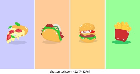 Fast food 3d realistic render vector icon set , Pizza, taco, hamburger, fries potatoes