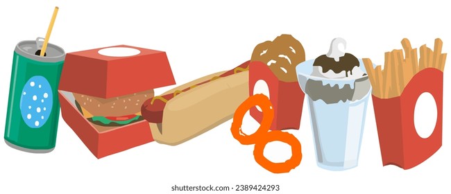 Fast food 3d realistic render vector set. Drinks, Hamburger, fries potatoes, popcorn, Ice Cream. Isolated
