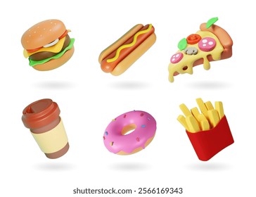 Fast food 3d realistic render vector icon set. Pizza, hamburger, fries potatoes, hot dog, donut, Street food coffee and burger.