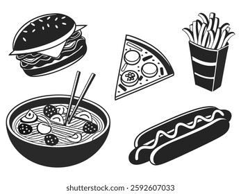 Fast food 3d realistic render vector icon set. Pizza, taco, hamburger, ramen noodle soup, hot dog, fries potatoes, silhouette 
