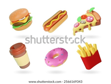 Fast food 3d realistic render vector icon set. Pizza, hamburger, fries potatoes, hot dog, donut, Street food coffee and burger.