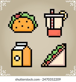 Fast food in 8 bit pixel art. Sandwich, vegetable meat bread, milk box and juice drink in vector illustration