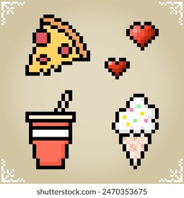Fast food in 8 bit pixel art. Pizza, ice cream, cola drink and love icon in vector illustration