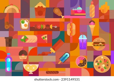 Fast food abstract vector illustration in geometric vector style. Burger, pizza, tacos, hot dog, cake, kebab, pop corn, french fries, soda, noodle, ketchup, sandwich, ice cream, coffee, shawarma. 