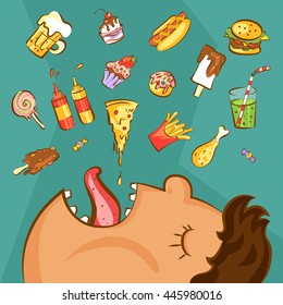 Fast food addiction concept. Unhealthy nutrition conception. Obese man and different dishes in cartoon style. Vector illustration