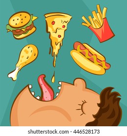 Fast food addiction concept. Unhealthy nutrition conception. Obese man and different dishes in cartoon style. Vector illustration