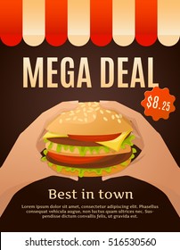 Fast food advertisement infographics composition with burger in hands special offer price badge and editable text vector illustration