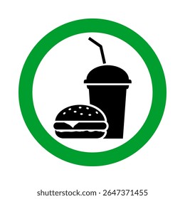 fast food permitido, hambúrguer e refrigerante no pictograma círculo verde, zona de alimentação livre em torno do ícone do vetor