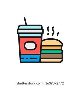 Fast food, american food, burger and soda flat color line icon.