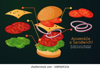 Fast food, American food, Italian food, ready-made design, menu for the restaurant. Separate elements, constructor, assemble yourself. Fresh burger, sandwich. America. USA