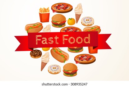 Fast food, American, many, circle, menu design, signage, advertising restaurants, cafes