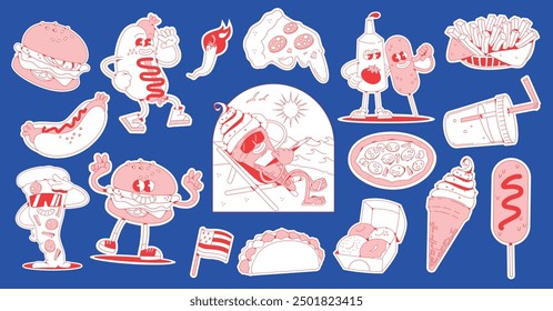 Fast food american snecks dishes stickers set pizza, burger, ice cream, potato, soda, donuts. Retro cartoon characters. Vector illustrations set for cafes and restaurants