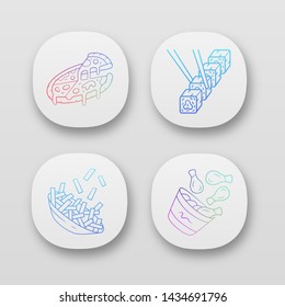 Fast food app icons set. Pizza, french fries, chicken drumsticks, sushi. Italian, american and asian cuisine. Cafe menu. UI/UX user interface. Web or mobile applications. Vector isolated illustrations