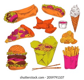 Fast food appetizer collection isolated on white pizza piece, hot dog ice cream nuggets fried chicken and potato, chips with sauce and huge hamburger